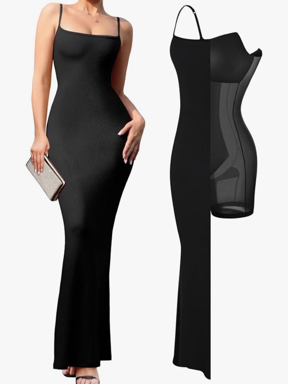 Sleek Black Ribbed Spaghetti-Strap Maxi Dress With Shapewear Built In